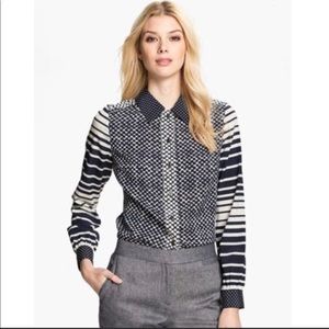 Tory Burch Navy Dots & Stripes Silk Blouse